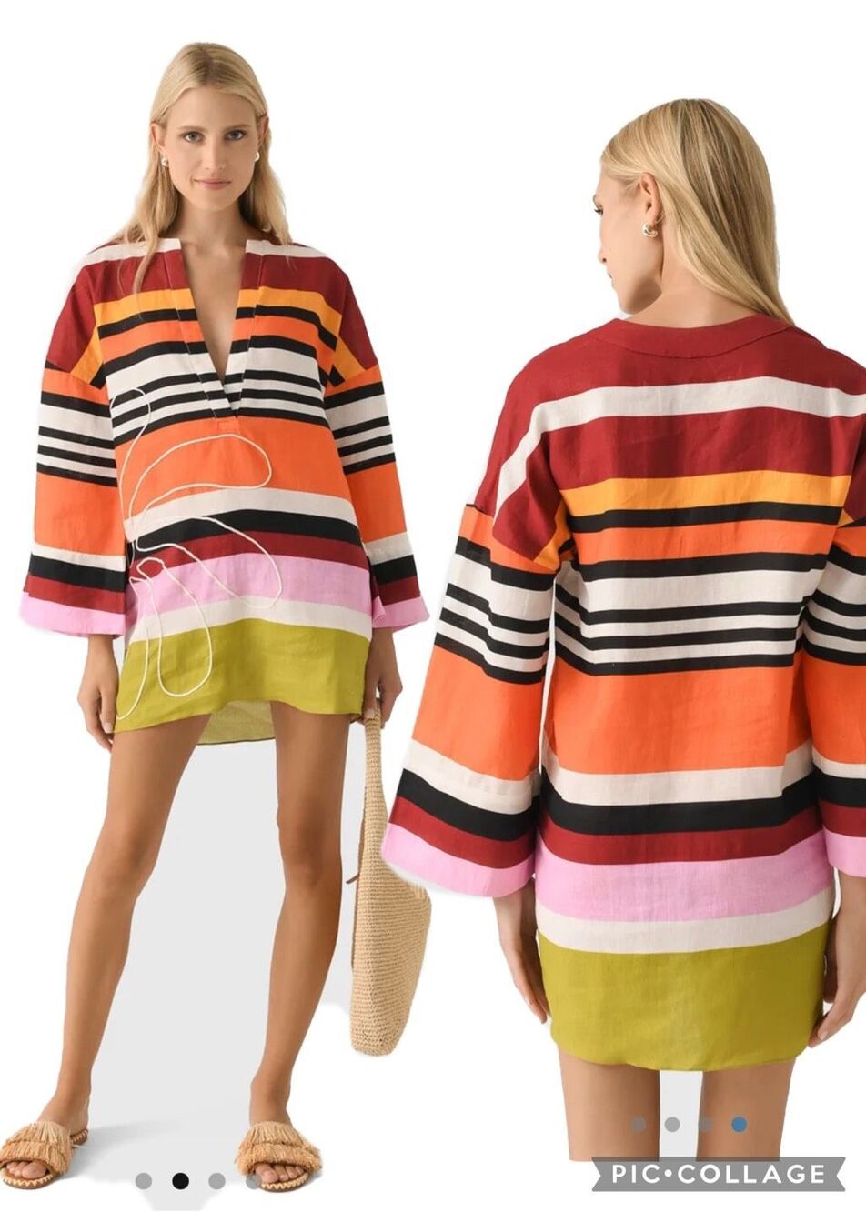 Cala De La Cruz NWOT Siena Luxury Resort Retro Mini Tunic Dress Kimono Sleeves L